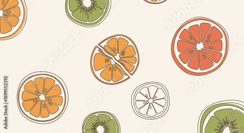 Vibrant citrus fruit slices pattern with orange kiwi and lemon on cream background