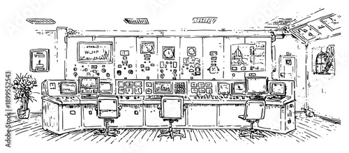 Vintage industrial control room interior with panels and screens