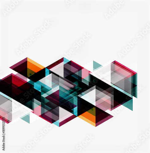 Abstract geometric design. Overlapping shapes create dynamic visual effect. Colors include orange, purple, teal, gray. Modern composition.