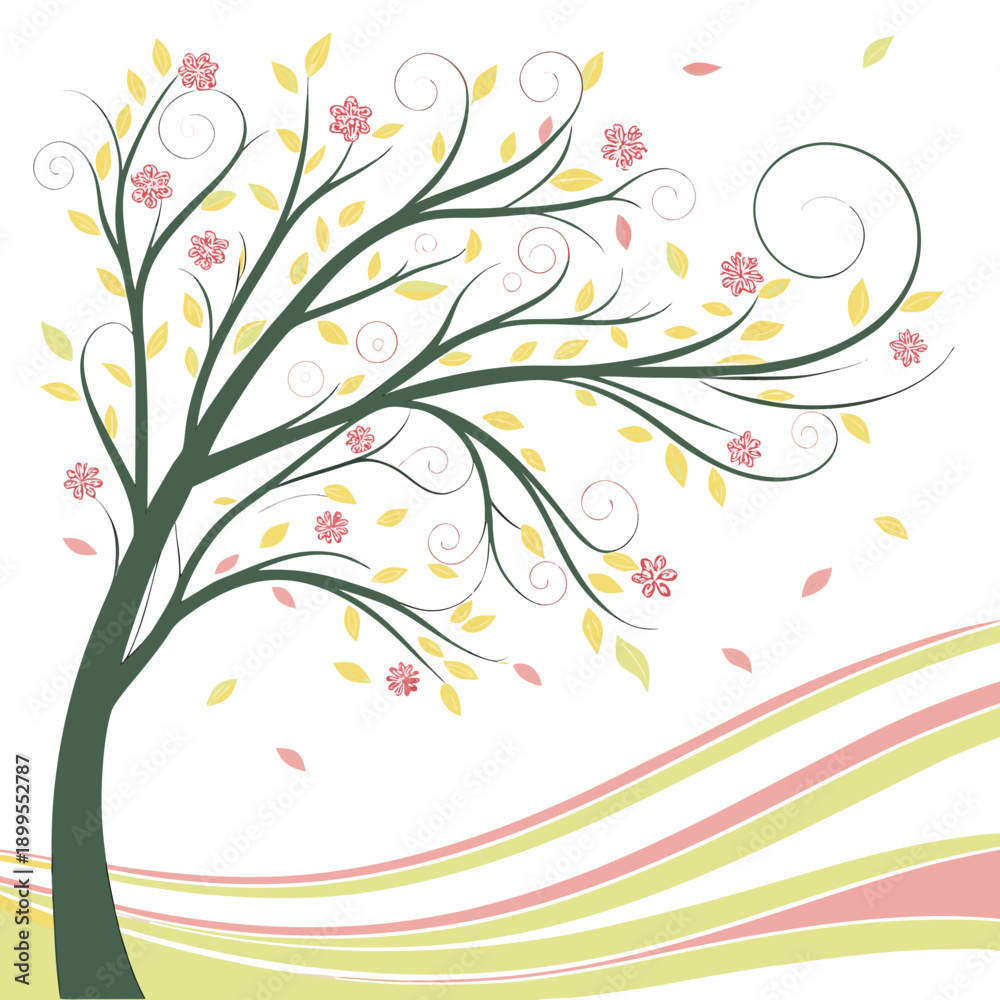 Obraz premium Elegant tree with flowing branches and delicate floral accents against a golden backdrop