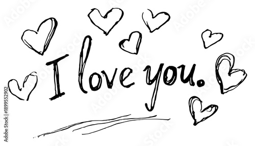 Hand drawn text I Love You with hearts floating around