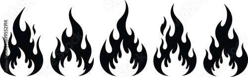 Black and white vector illustration set of burning flame fire silhouettes isolated on white background for automotive hot rod decal or energy logo design