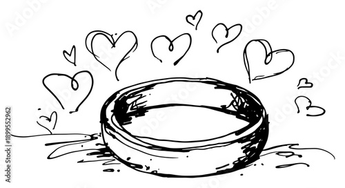Hand drawn sketch of a wedding ring surrounded by hearts