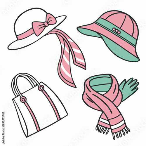 Colorful summer accessories displayed with a variety of hats and scarves