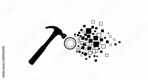 Hammer breaking apart digital pixels into scattered fragments on white background