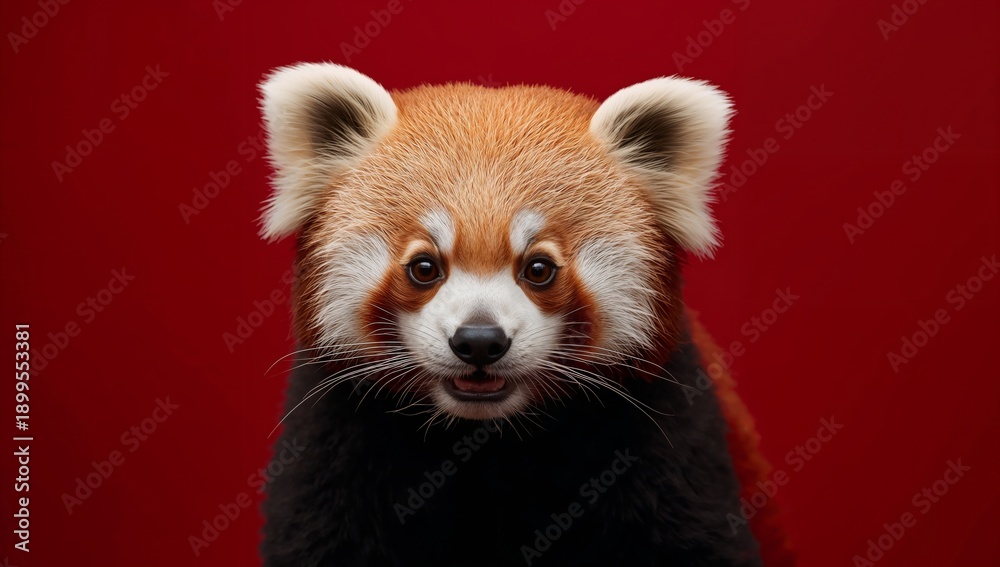 Obraz premium Red Panda Looks at the Viewer With a Friendly Expression Against a Red Background