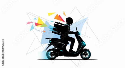 Dynamic delivery person on a scooter with colorful abstract shapes symbolizing speed and efficiency.