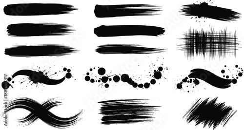 Black grunge brush strokes set, ink splatter textures, hand painted paint swashes, abstract vector elements for design, posters, backgrounds