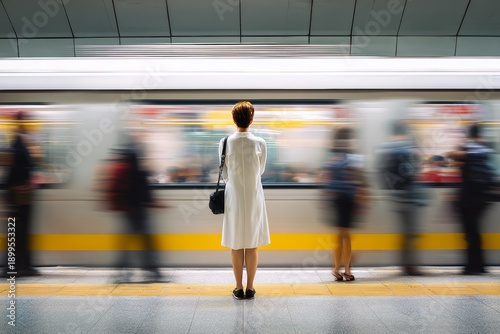 Woman in white dress stands still at subway station, surrounded by blurred commuters in motion, capturing the contrast of stillness and chaos in urban life