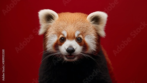 Red Panda Looks at the Viewer With a Friendly Expression Against a Red Backgr...