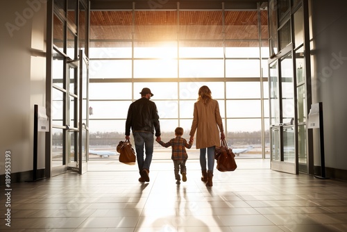 Rear view of a family walking hand in hand through glass terminal doors toward a bright sunset at an airport symbolizing new beginnings travel and family adventures