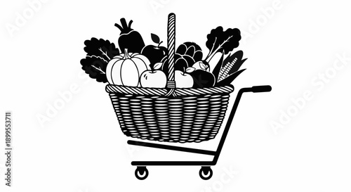 Woven basket overflowing with fresh produce sits inside a shopping cart, representing healthy groceries.