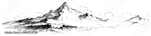 Panoramic mountain landscape sketch with clouds and peaks