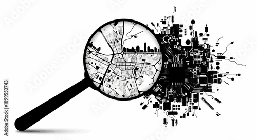 Magnifying glass reveals city map amidst abstract digital circuit board fragments