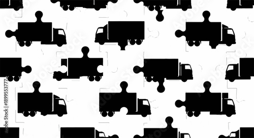 Seamless pattern of delivery trucks as puzzle pieces, symbolizing logistics and transportation.