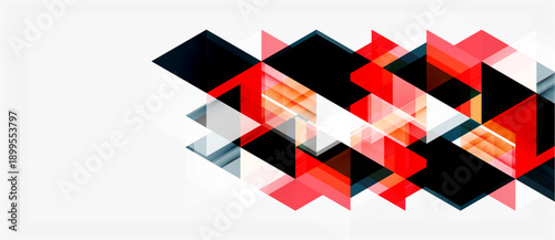 Abstract geometric design. Red, black, orange triangles overlap white background. Modern, minimalist aesthetic. Clean lines create dynamic composition.