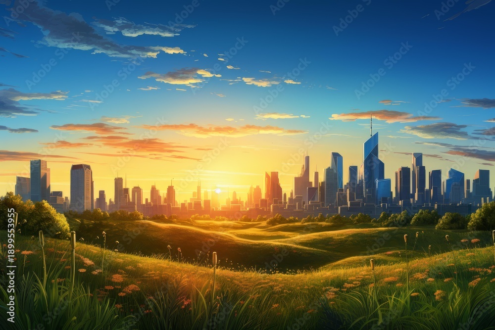 Fototapeta premium Golden hour light illuminating a modern city skyline with a serene green meadow in the foreground