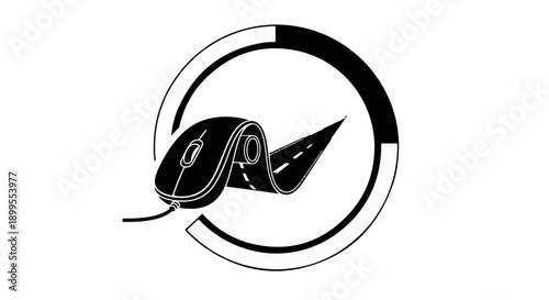 Computer mouse connected to a winding road symbolizing digital navigation and online journeys.