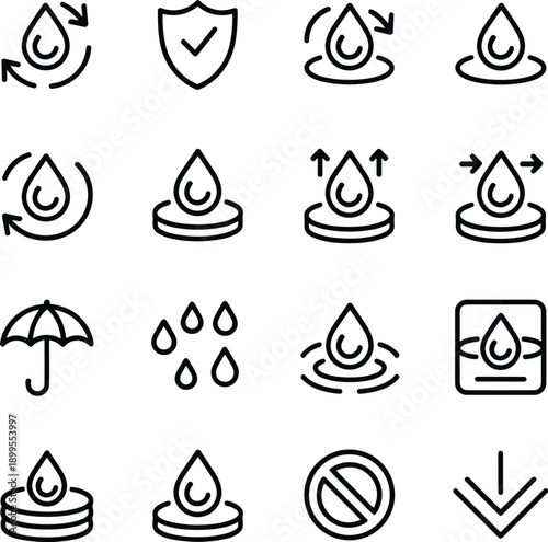 Waterproof icons, moisture control symbols, droplet graphics, shield protection, water resistance signs, hydration pictograms, vector illustrations, minimal design, black line style