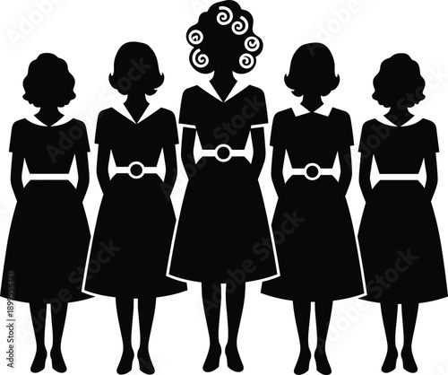 Group of women silhouettes standing together, unity and teamwork concept, female community, leadership, diversity, strength, minimal black vector illustration