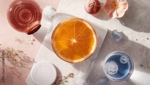 Fresh Orange Slice on a White Surface Surrounded by Drinks and Flowers on a L...
