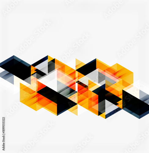 Abstract geometric design. Orange, gray, black triangles overlap creating dynamic composition. Modern, clean aesthetic.