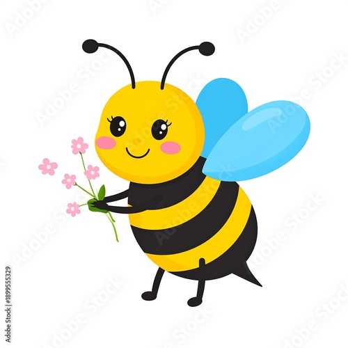 A cartoon bee holding pink flowers with a smiling face