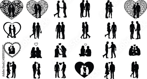 Romantic couple silhouettes collection, love scenes, couples holding hands, hugging, heart frames, black vector illustration set