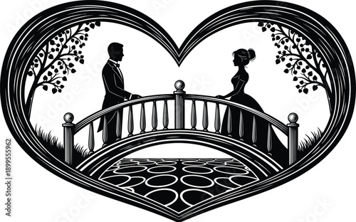 Romantic couple silhouette on bridge inside heart frame, love story illustration, elegant wedding engagement concept, black vector art