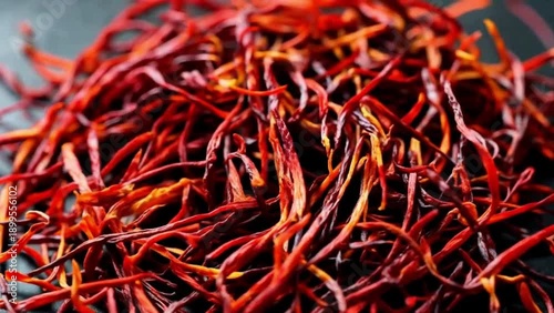 Macro View of Premium Red Saffron Threads Heap on Dark Background