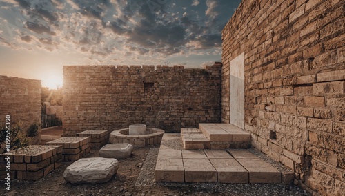 Sunset View of Ancient Ruins With Stone Walls and Steps at an Archaeological ...