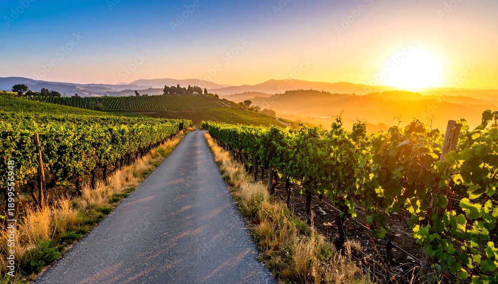 Obraz premium Sunset over vineyard road landscape scene.