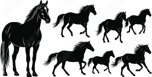 Black horse silhouettes set showing standing and running poses, elegant equine figures isolated on white background, power, motion, freedom concept illustration for design projects