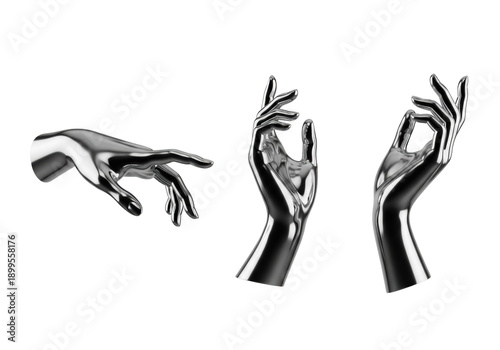 three hyper-reflective, mirror-finish chrome female mannequin hands in elegant poses, captured in a high-key studio product shot against a transparent background. concept of modern luxury and