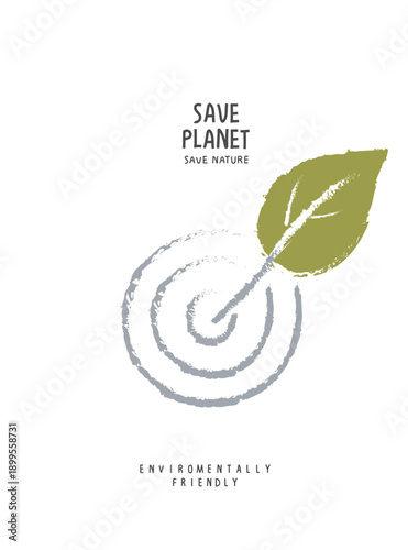 Vector hand drawn cartoon sketch of hitting the target with a leaf as supporting green sign. Sustainable lifestyle.Environmentally friendly planet Concept. 
