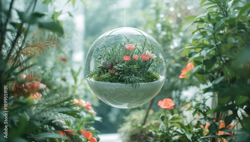 Hanging Garden With Plants and Flowers in Glass Orb Inside a Green Space Duri...