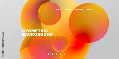 Abstract colorful shapes, gradients, text elements. Modern design, website mockup, navigation menu visible. Minimalist aesthetic.