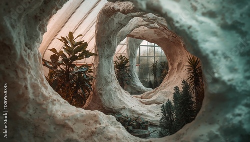 Exploring a Surreal Indoor Garden With Abstract Formations and Plants