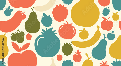 Colorful fruit pattern with apples pears bananas and more on cream background