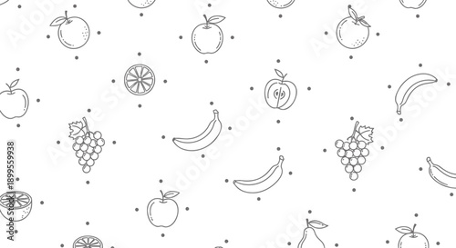 Fresh fruit illustrations with apples bananas grapes on white background