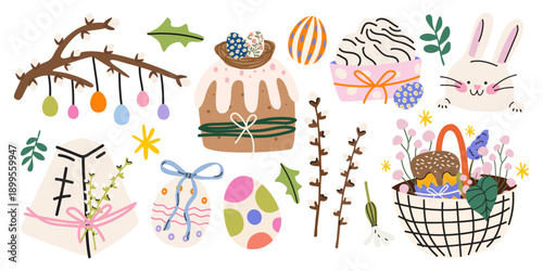 Easter holiday festive elements in cartoon retro style. Decorated eggs, bunny, Easter cakes, willow, basket. Spring Christian holiday vector illustration isolated