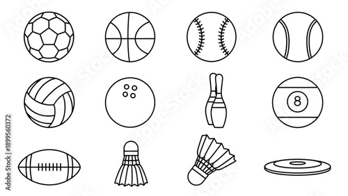 Collection of Various Sports Equipment Icons Including Balls and Objects in Simple Line Art Style