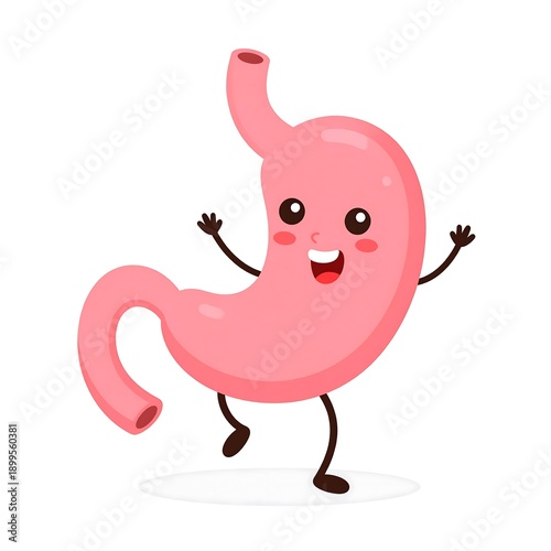 A cheerful pink cartoon stomach with a face and limbs