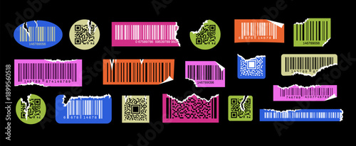 Set of neon product barcodes and QR codes on paper ripped labels. Square or rectangular stickers. Design elements with torn edges.