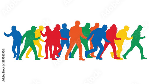 Group of diverse people walking together in a colorful illustration from a side viewpoint