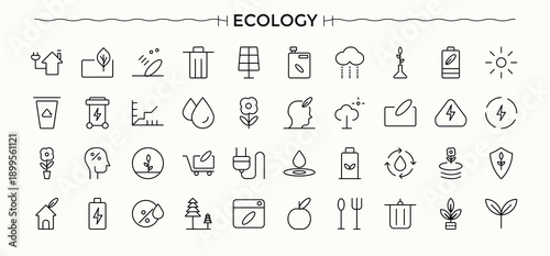 Ecology icon set in linear style. Minimalist icons pack. Included environmental, recycle, energy, environment, nature, eco. Pixel perfect. Editable stroke. Environment icon set.