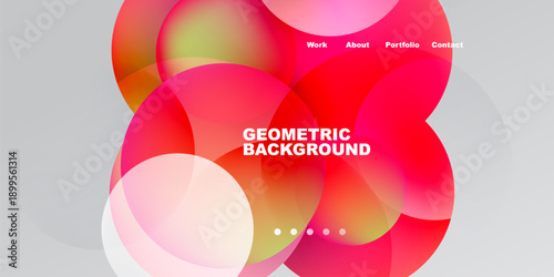 Abstract design features overlapping colorful circles. Text elements include navigation options, title geometric background. Minimalist aesthetic.