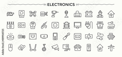 Electronics icon set. Device icon collection. Modern linear icons. Includes symbols for device, tech, smart, electronic, technology, gadget and more. Editable stroke. Vector illustration.