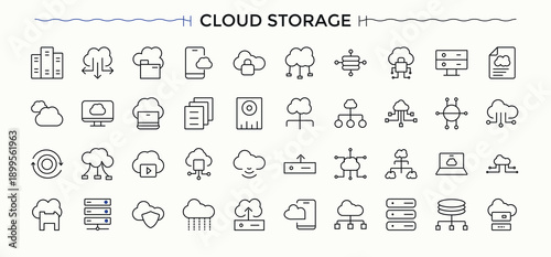 Set of Cloud Storage line icon. Contains related to hosting, network, server, database, storage and more. Thin UI icons. Storage modern icon set. Vector illustration.