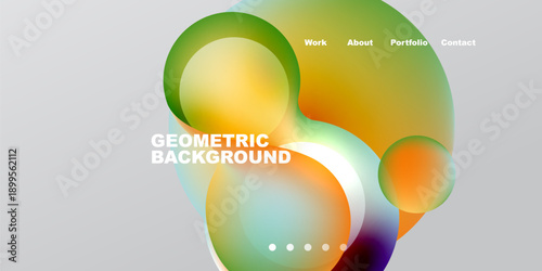 Abstract design features colorful overlapping shapes. Gradient hues blend, creating modern visual impact. Minimalist text elements present navigation options.